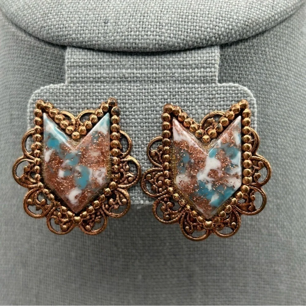 Vintage Copper Swirl Victorian Revival Clip On Earrings with Marble Glitter